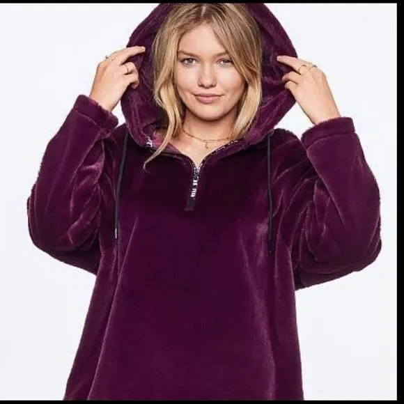 Victorias Secret Pink Faux Fur Campus Hoodie Cozy Supersoft Pullover Jacket Kir - Picture 2 of 6